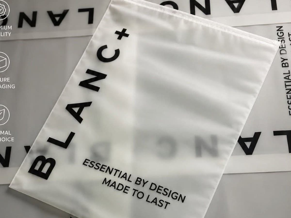 Blanc+ frosted pouches printed with Essential by Design, Made to Last