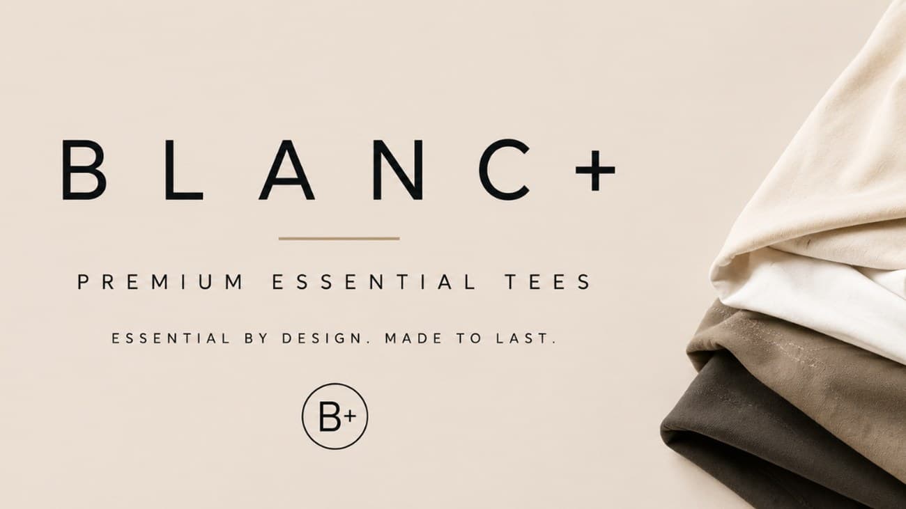 The Blanc+ brand lockup — Premium Essential Tees, Essential by Design, Made to Last